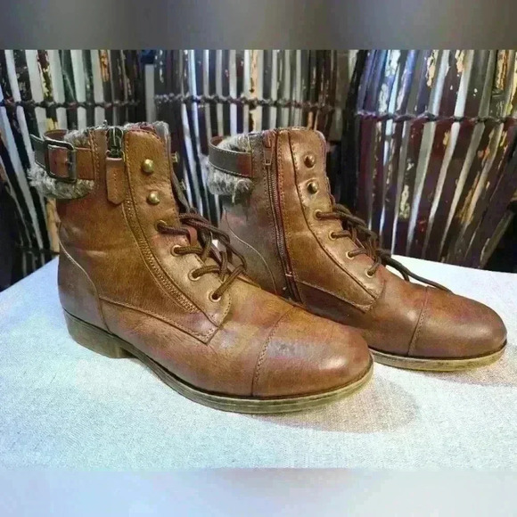 SO Authentic American Heritage Womens Ankle Combat Boots Sweater Lace Up Tan - Picture 1 of 16